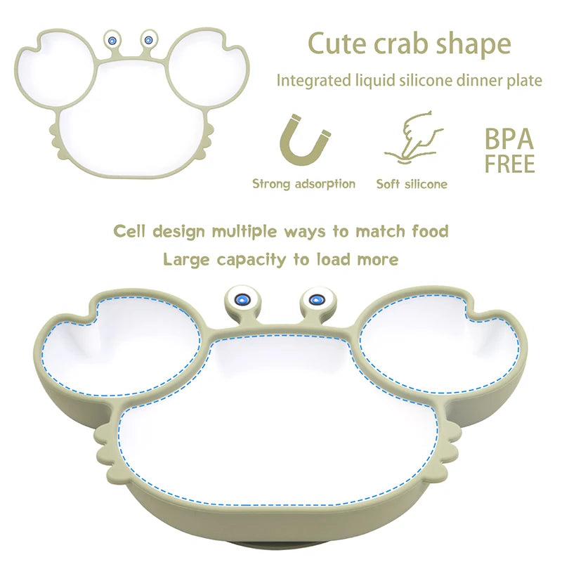 Kawaii Crab Baby Feeding Set - Silicone Baby Bowls, Plates & Spoons, Non-Slip Tableware for Kids