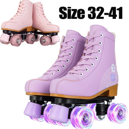 Pink & Purple Double Row Roller Skates for Women & Kids - Breathable Leather 4-Wheel Skating Sneakers