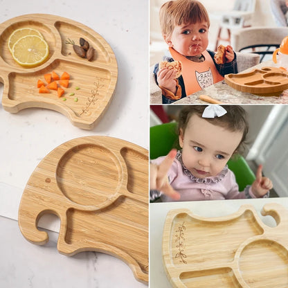 Baby Tableware Set - Bamboo Wooden Feeding Bowl, Dinner Plate, Cup, Bib, Spoon & Fork, Non-Slip Children’s Feeding Dishes (BPA Free)