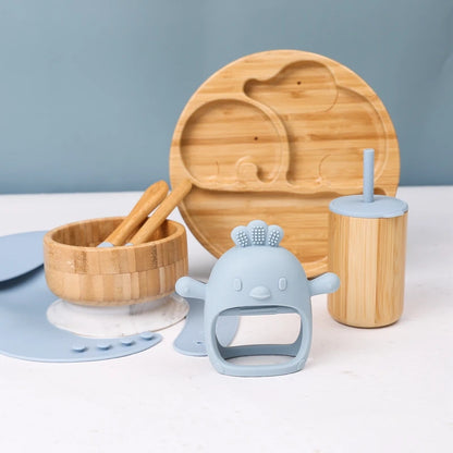 Baby Tableware Set - Bamboo Wooden Feeding Bowl, Dinner Plate, Cup, Bib, Spoon & Fork, Non-Slip Children’s Feeding Dishes (BPA Free)