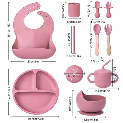 10-Piece Baby Silicone Feeding Set - Round Dining Plate and Accessories