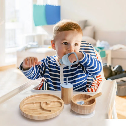 Baby Tableware Set - Bamboo Wooden Feeding Bowl, Dinner Plate, Cup, Bib, Spoon & Fork, Non-Slip Children’s Feeding Dishes (BPA Free)