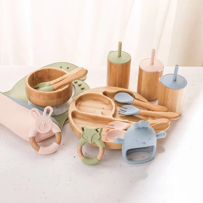 Baby Tableware Set - Bamboo Wooden Feeding Bowl, Dinner Plate, Cup, Bib, Spoon & Fork, Non-Slip Children’s Feeding Dishes (BPA Free)