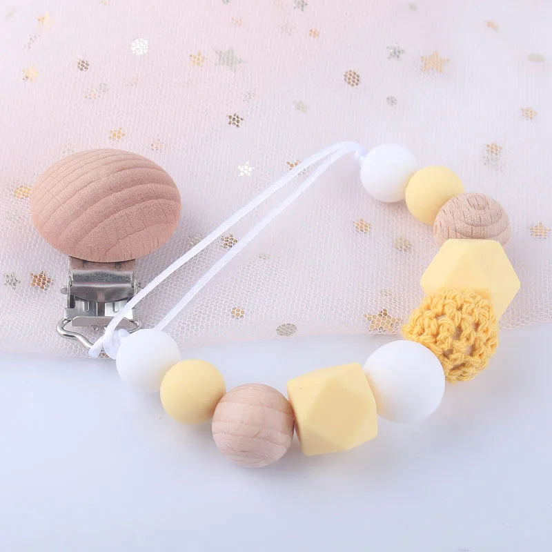 Silicone Dummy Clips - Baby Pacifier Leashes & Cases with Beech Cartoon Wooden Chewable Toy for Infants