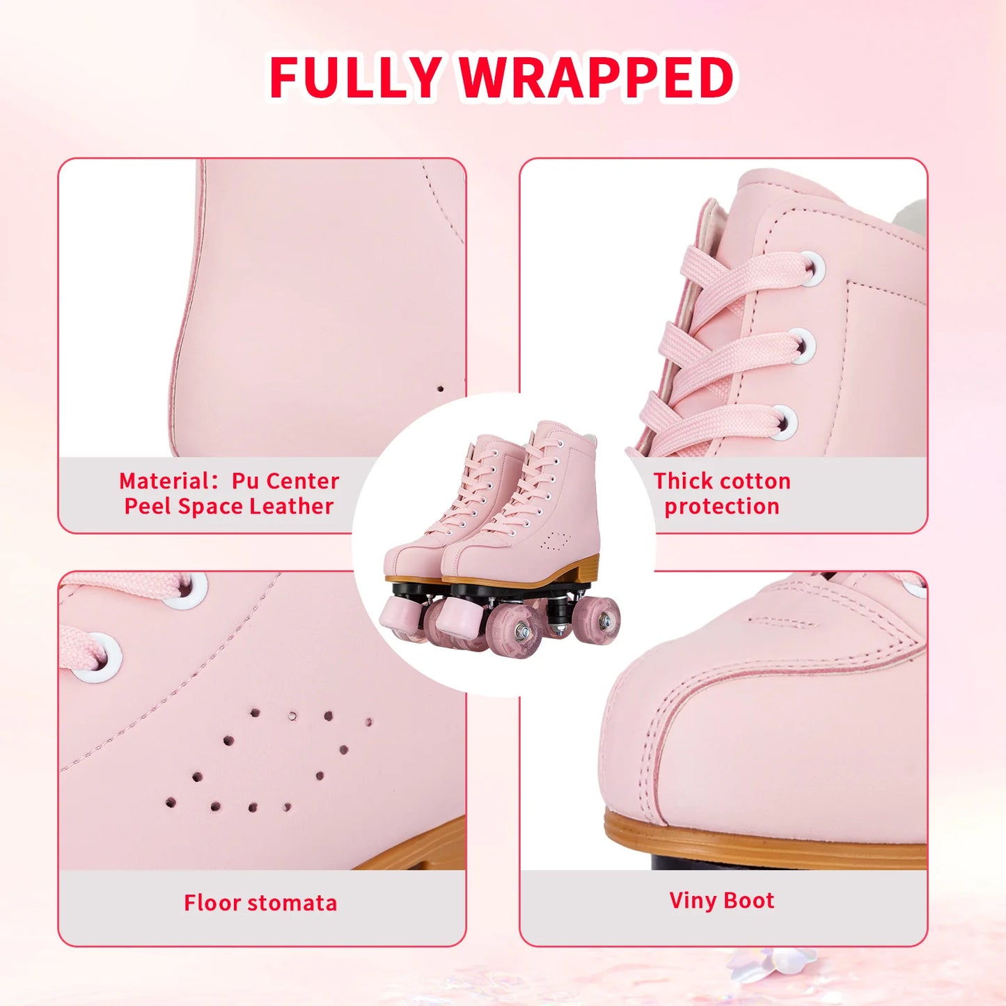 Pink & Purple Double Row Roller Skates for Women & Kids - Breathable Leather 4-Wheel Skating Sneakers