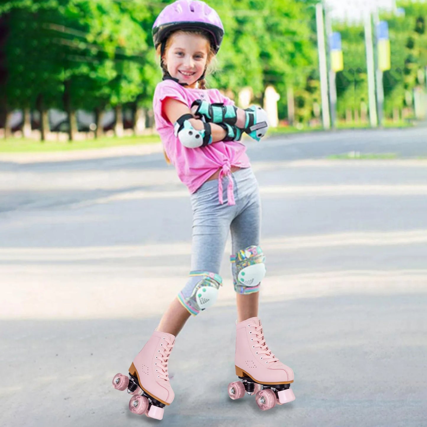 Pink & Purple Double Row Roller Skates for Women & Kids - Breathable Leather 4-Wheel Skating Sneakers