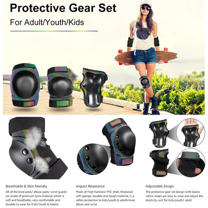 6Pcs/Set Adult and Kids Protective Gear Set - Knee Pads, Elbow Pads, and Wrist Guards (3 in 1) for Youth Skateboarding and Roller Skating