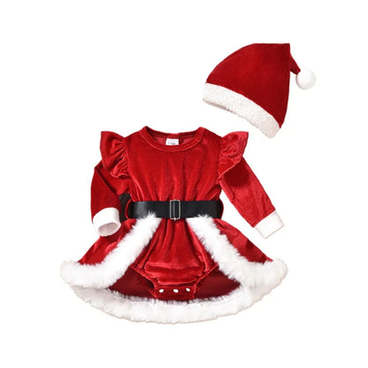 Winter Baby Girls Xmas Velvet Romper Dress - Long Sleeve Santa Jumpsuit with Terry Trim & Christmas Hat