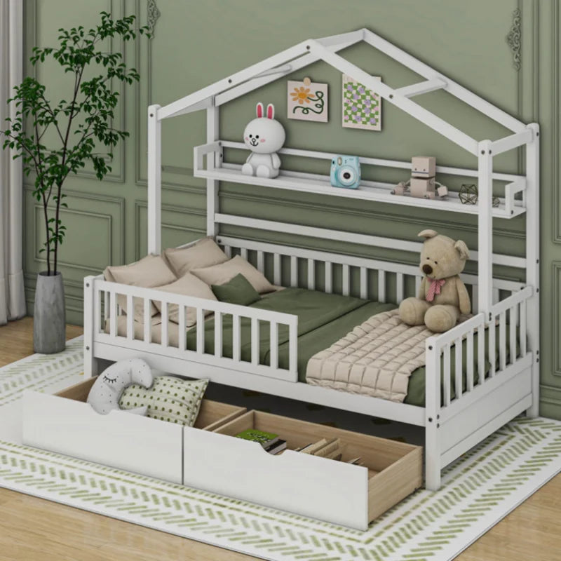 Durable and Stable Slat House Bed - Full Size Storage Space Wood Baby Crib Bedding