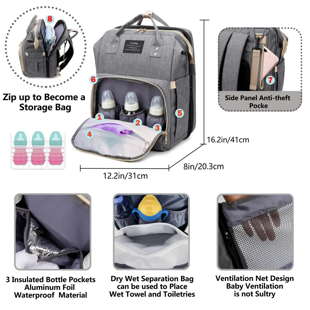 Lightweight Mommy Bag with Portable Folding Crib - Large-Capacity Travel Maternity Backpack