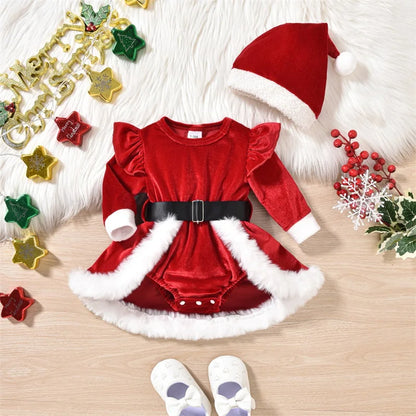 Winter Baby Girls Xmas Velvet Romper Dress - Long Sleeve Santa Jumpsuit with Terry Trim & Christmas Hat