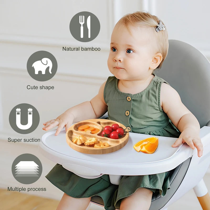 Baby Tableware Set - Bamboo Wooden Feeding Bowl, Dinner Plate, Cup, Bib, Spoon & Fork, Non-Slip Children’s Feeding Dishes (BPA Free)