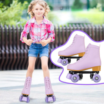 Pink & Purple Double Row Roller Skates for Women & Kids - Breathable Leather 4-Wheel Skating Sneakers