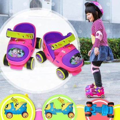 Adjustable Double Row Roller Skates for Kids - Safety Off Button & Durable Design with 4-Wheel Setup