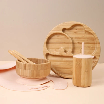 Baby Tableware Set - Bamboo Wooden Feeding Bowl, Dinner Plate, Cup, Bib, Spoon & Fork, Non-Slip Children’s Feeding Dishes (BPA Free)