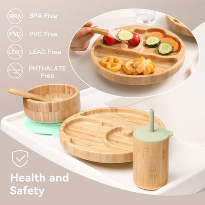 Baby Tableware Set - Bamboo Wooden Feeding Bowl, Dinner Plate, Cup, Bib, Spoon & Fork, Non-Slip Children’s Feeding Dishes (BPA Free)