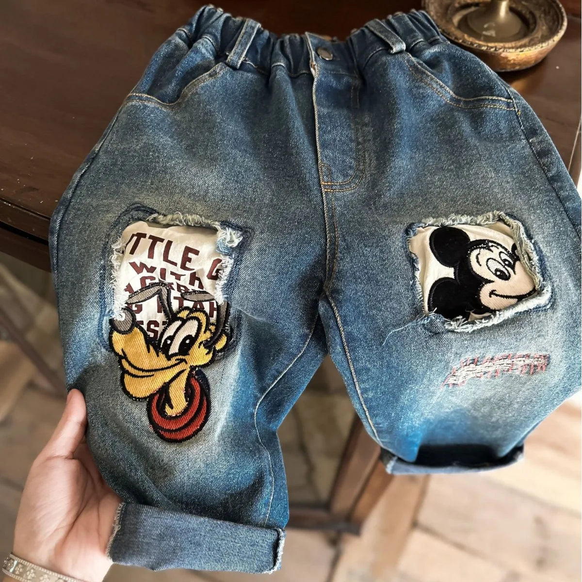 Baby Boys' & Girls' Cartoon Embroidered Denim Jeans - Casual Mickey Mouse Trousers for Spring & Autumn