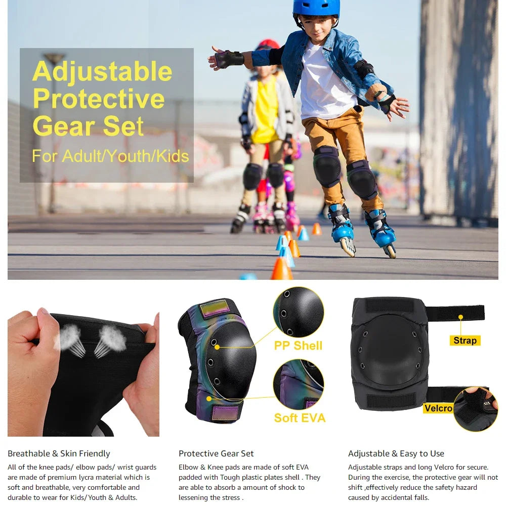 6Pcs/Set Adult and Kids Protective Gear Set - Knee Pads, Elbow Pads, and Wrist Guards (3 in 1) for Youth Skateboarding and Roller Skating