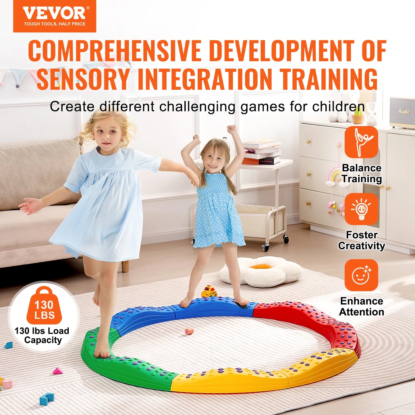 VEVOR Kids Balance Beam & Stepping Stones Set - Non-Slip Sensory Training Montessori Toys for Toddlers (Ages 2-6), Indoor & Outdoor Play