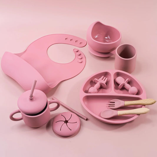 10-Piece Baby Silicone Feeding Set - Round Dining Plate and Accessories