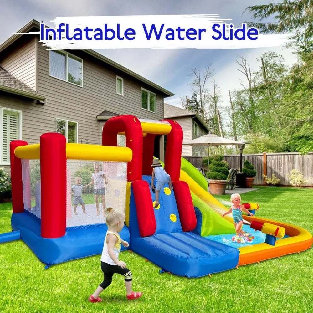 Bounce House Inflatable Water Slides for Kids - Inflatable Water Park with Slide, Splash Pool, Double Water Cannon & 2 Climbing Walls