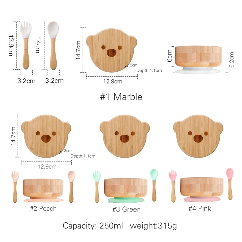 Baby Tableware Set - Bamboo Wooden Feeding Bowl, Dinner Plate, Cup, Bib, Spoon & Fork, Non-Slip Children’s Feeding Dishes (BPA Free)