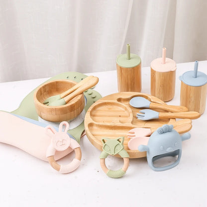 Baby Tableware Set - Bamboo Wooden Feeding Bowl, Dinner Plate, Cup, Bib, Spoon & Fork, Non-Slip Children’s Feeding Dishes (BPA Free)