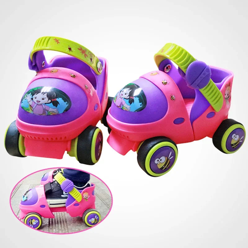 Adjustable Double Row Roller Skates for Kids - Safety Off Button & Durable Design with 4-Wheel Setup