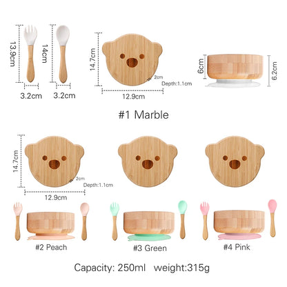 Baby Tableware Set - Bamboo Wooden Feeding Bowl, Dinner Plate, Cup, Bib, Spoon & Fork, Non-Slip Children’s Feeding Dishes (BPA Free)