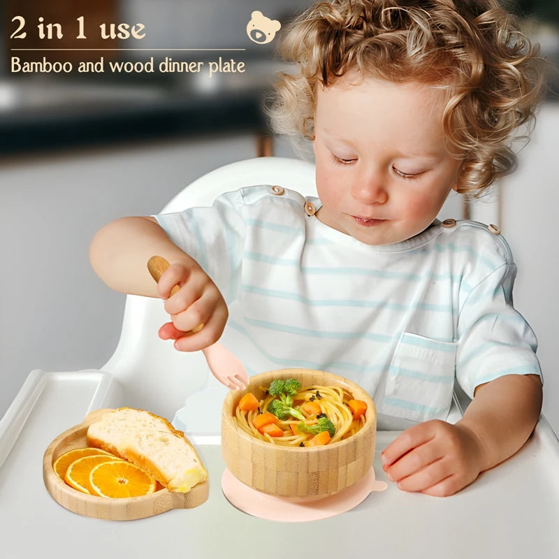 Baby Tableware Set - Bamboo Wooden Feeding Bowl, Dinner Plate, Cup, Bib, Spoon & Fork, Non-Slip Children’s Feeding Dishes (BPA Free)