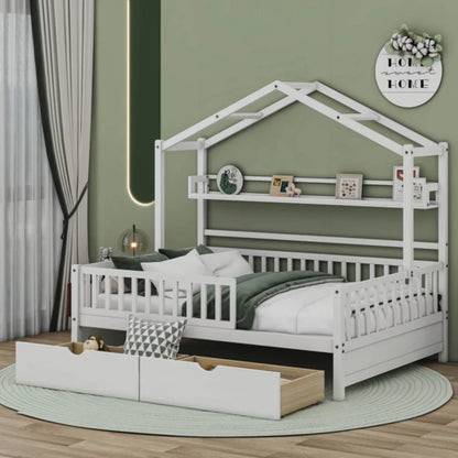 Durable and Stable Slat House Bed - Full Size Storage Space Wood Baby Crib Bedding