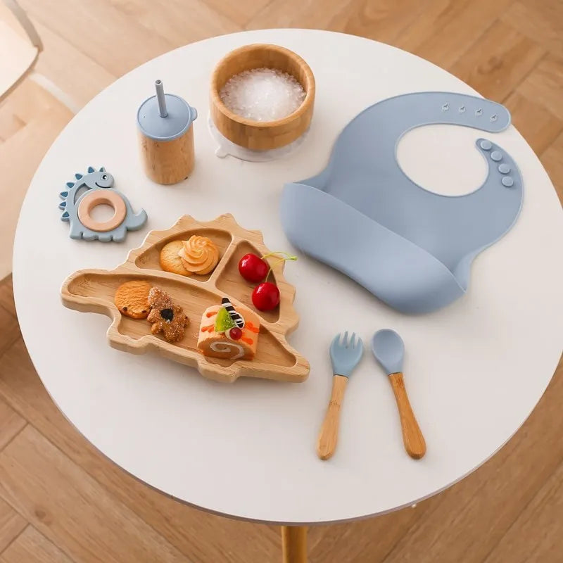 7-Piece Bamboo Wooden Dinosaur Dinner Plates Set - Children’s Tableware with Suction Bowls, BPA-Free Baby Feeding Supplies