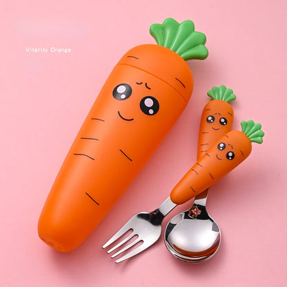 1/3PCS Baby Feeding Utensils Carrot Set - Stainless Steel Spoon & Fork Child Cutlery Tableware