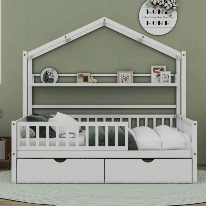 Durable and Stable Slat House Bed - Full Size Storage Space Wood Baby Crib Bedding