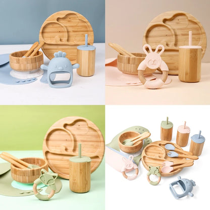 Baby Tableware Set - Bamboo Wooden Feeding Bowl, Dinner Plate, Cup, Bib, Spoon & Fork, Non-Slip Children’s Feeding Dishes (BPA Free)