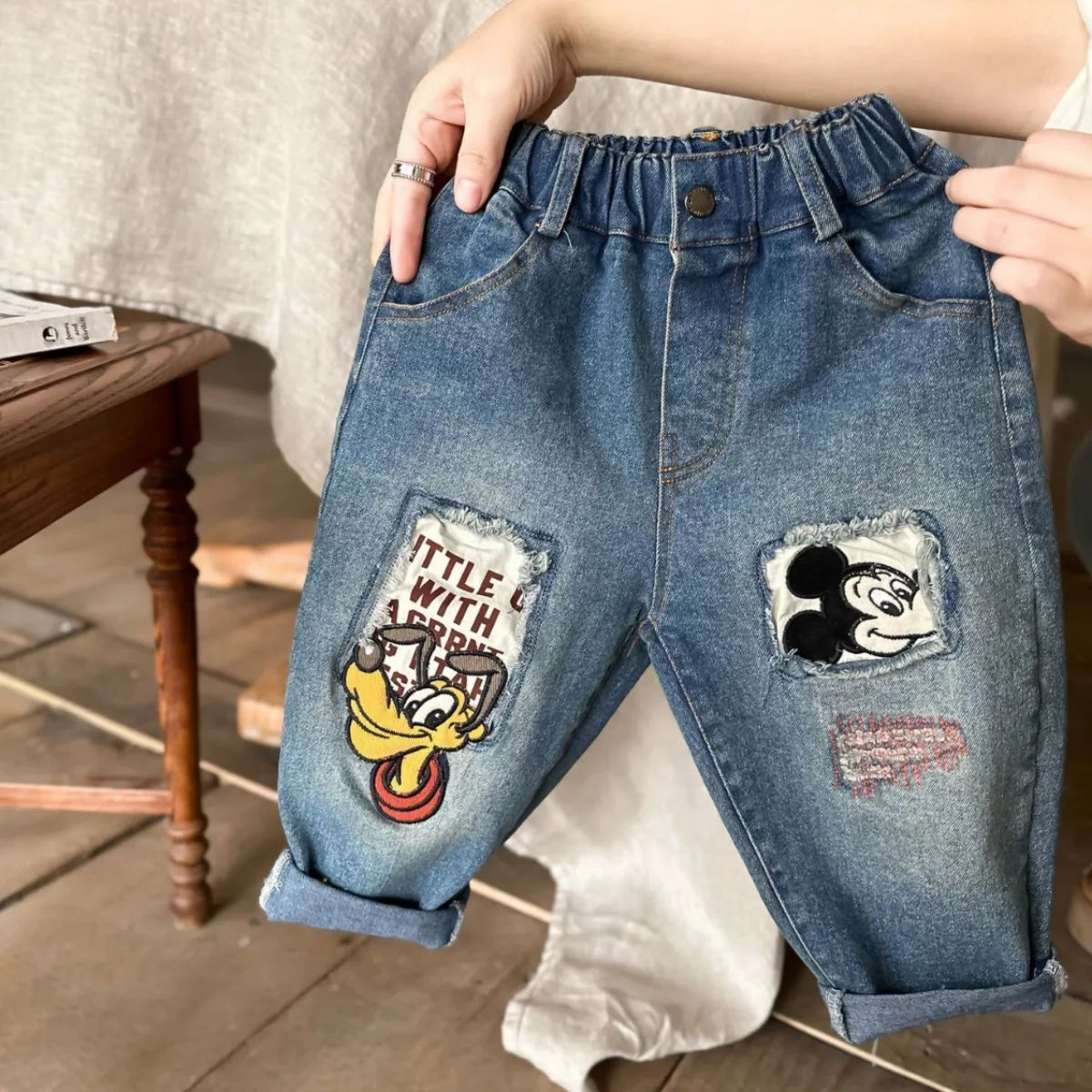 Baby Boys' & Girls' Cartoon Embroidered Denim Jeans - Casual Mickey Mouse Trousers for Spring & Autumn