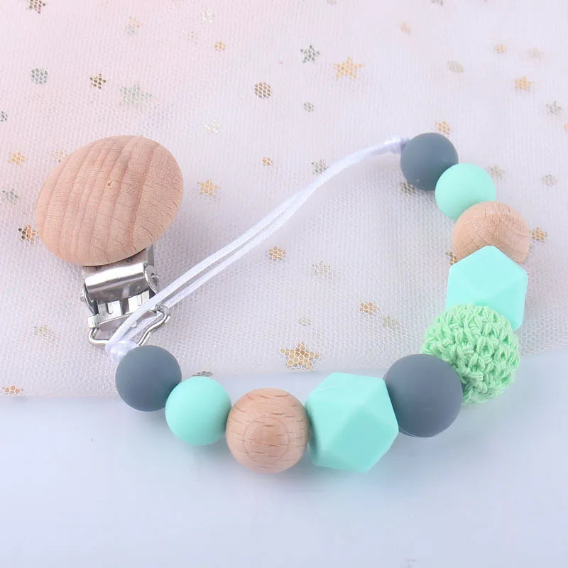 Silicone Dummy Clips - Baby Pacifier Leashes & Cases with Beech Cartoon Wooden Chewable Toy for Infants