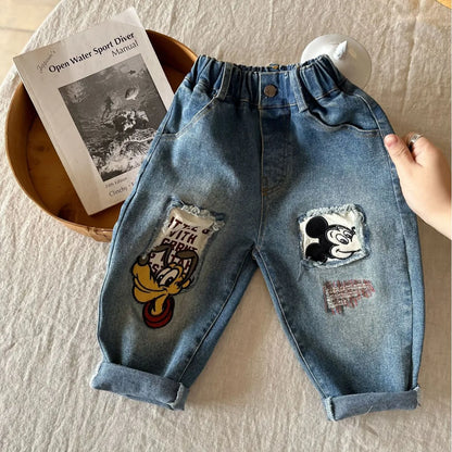 Baby Boys' & Girls' Cartoon Embroidered Denim Jeans - Casual Mickey Mouse Trousers for Spring & Autumn