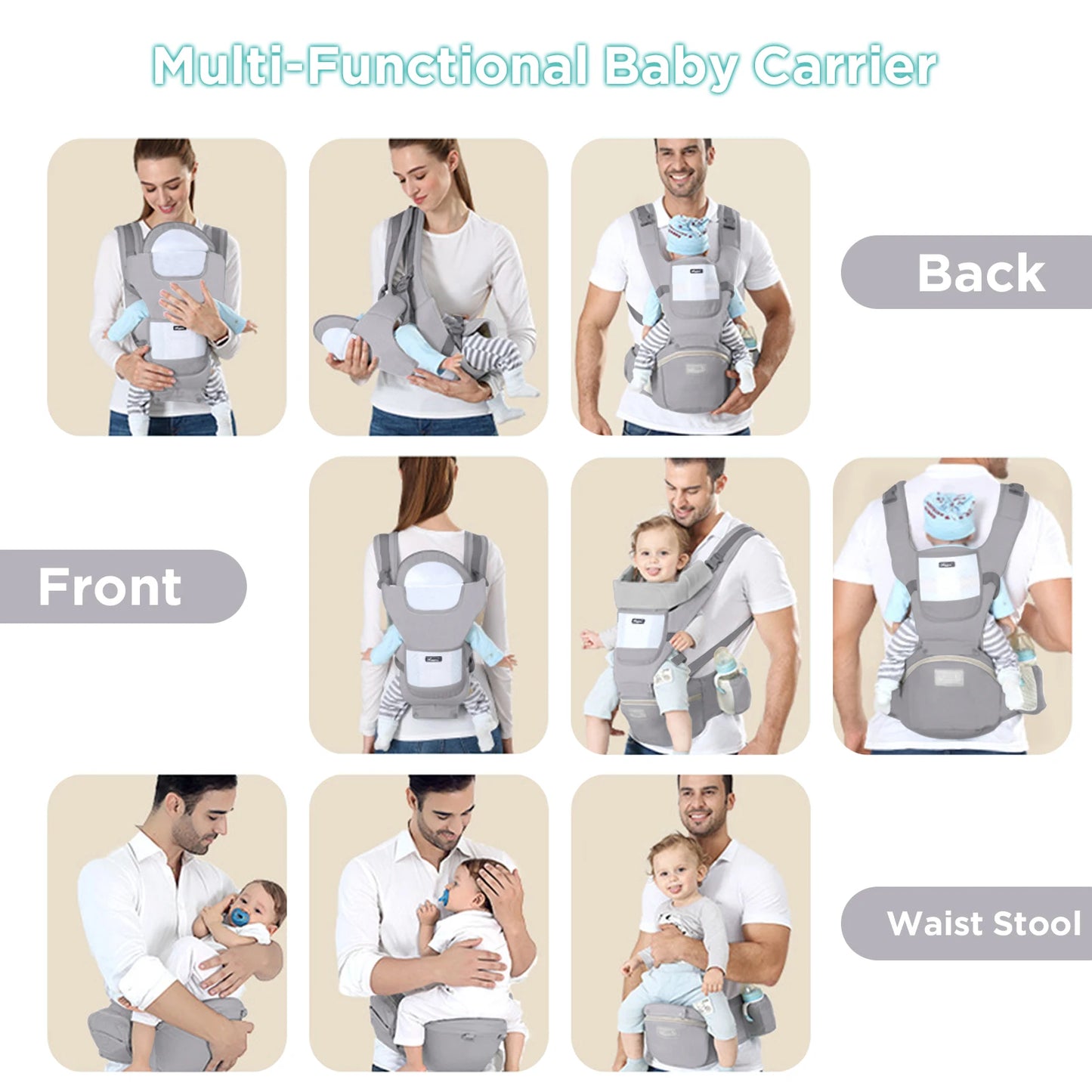 Ergonomic Baby Carrier with Multifunctional Waist Stool - Newborn to Toddler Multi-Use Kangaroo Bag