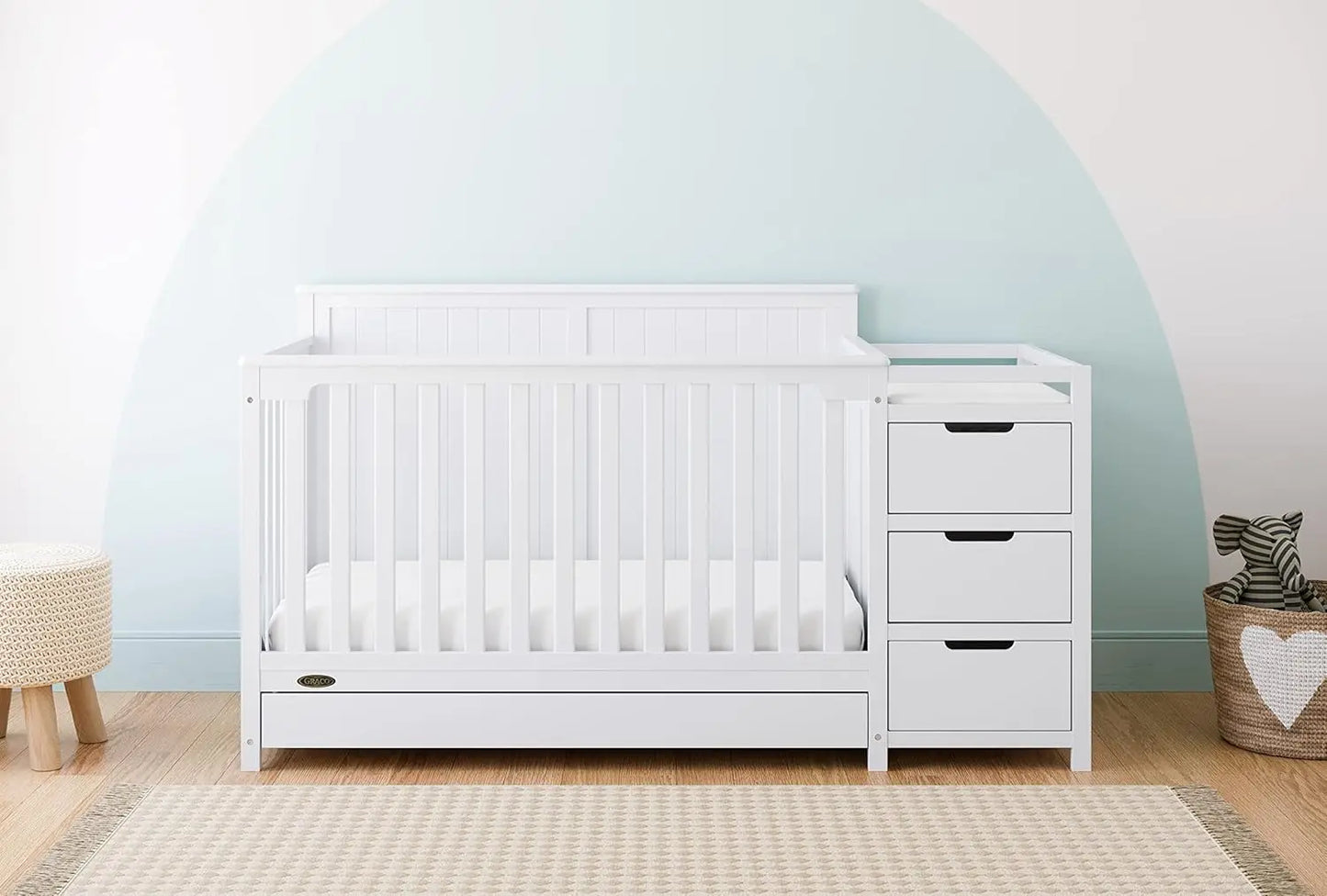 GREENGUARD Gold Certified Crib and Changing Table Combo with Drawer, Includes Baby Changing Pad, Converts to Full-Size Bed