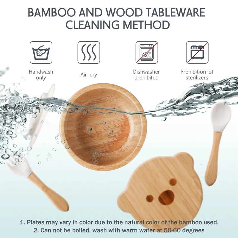 Baby Tableware Set - Bamboo Wooden Feeding Bowl, Dinner Plate, Cup, Bib, Spoon & Fork, Non-Slip Children’s Feeding Dishes (BPA Free)