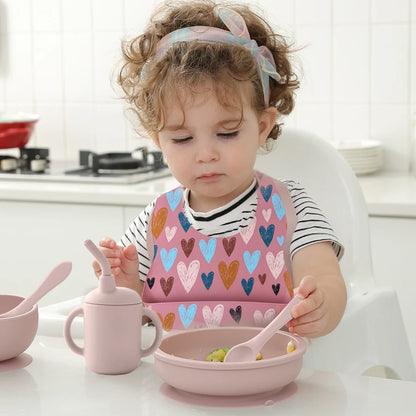 6-Piece Baby Tableware Feeding Set - Silicone Plate, Sucker Bowl, Cup, Waterproof Bib, Spoon & Fork