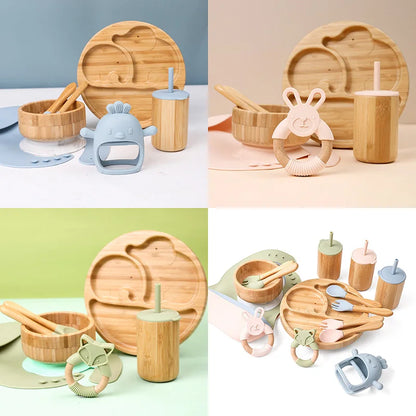 7-Piece Bamboo Wooden Dinosaur Dinner Plates Set - Children’s Tableware with Suction Bowls, BPA-Free Baby Feeding Supplies