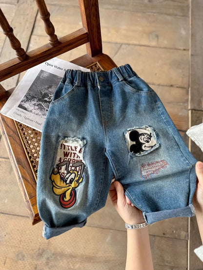 Baby Boys' & Girls' Cartoon Embroidered Denim Jeans - Casual Mickey Mouse Trousers for Spring & Autumn