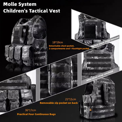 Child Tactical Military Gear Plate Carrier Vest - Airsoft Combat, Paintball, Hunting, and Outdoor Molle Assault Vest for Kids