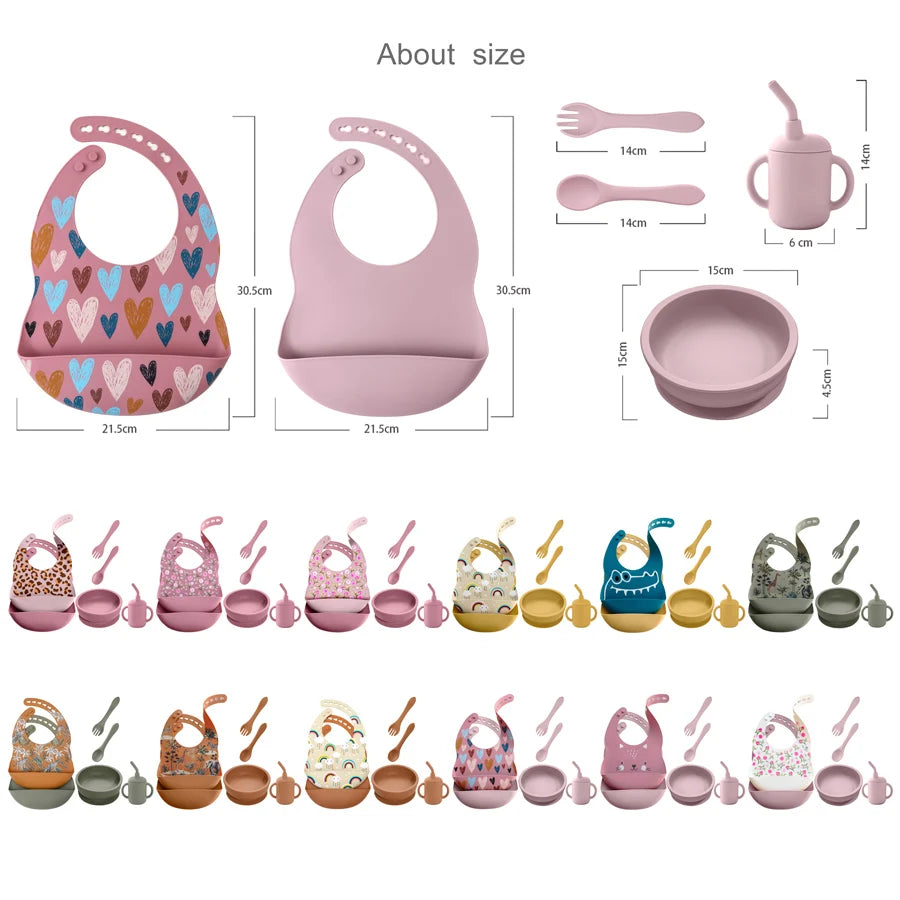 6-Piece Baby Tableware Feeding Set - Silicone Plate, Sucker Bowl, Cup, Waterproof Bib, Spoon & Fork