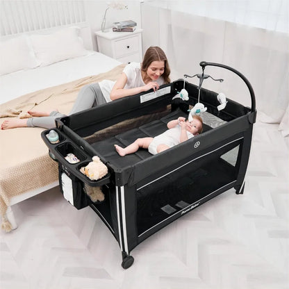 4-in-1 Portable Baby Crib Deluxe Nursery Center – Foldable Travel Playard with Bassinet, Mattress, and Changing Table for Newborns