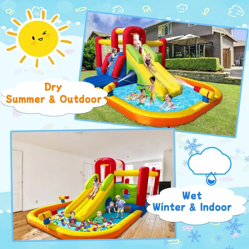 Bounce House Inflatable Water Slides for Kids - Inflatable Water Park with Slide, Splash Pool, Double Water Cannon & 2 Climbing Walls