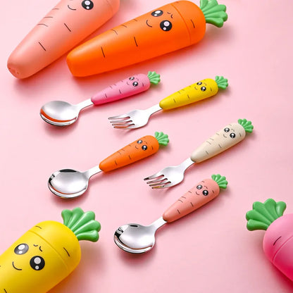 1/3PCS Baby Feeding Utensils Carrot Set - Stainless Steel Spoon & Fork Child Cutlery Tableware