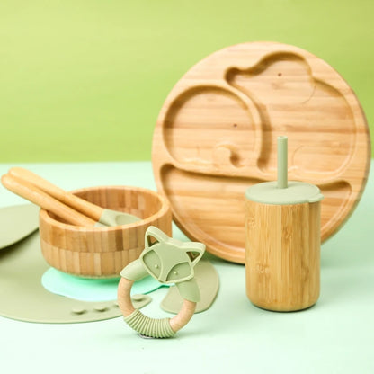 Baby Tableware Set - Bamboo Wooden Feeding Bowl, Dinner Plate, Cup, Bib, Spoon & Fork, Non-Slip Children’s Feeding Dishes (BPA Free)